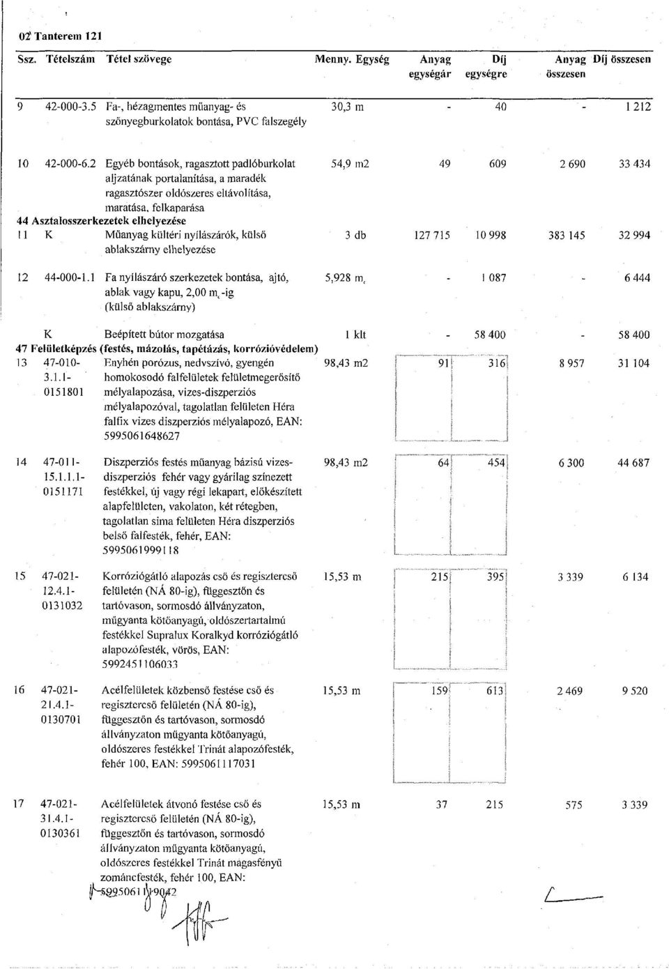 2 Egyéb bontások, ragasztott padlóburkolat 54,9 m2 aljzatának portalanítása, a maradék ragasztószer oldószeres eltávolítása, maratása, felkaparása 44 Asztalosszerkezetek elhelyezése 11 K Műanyag