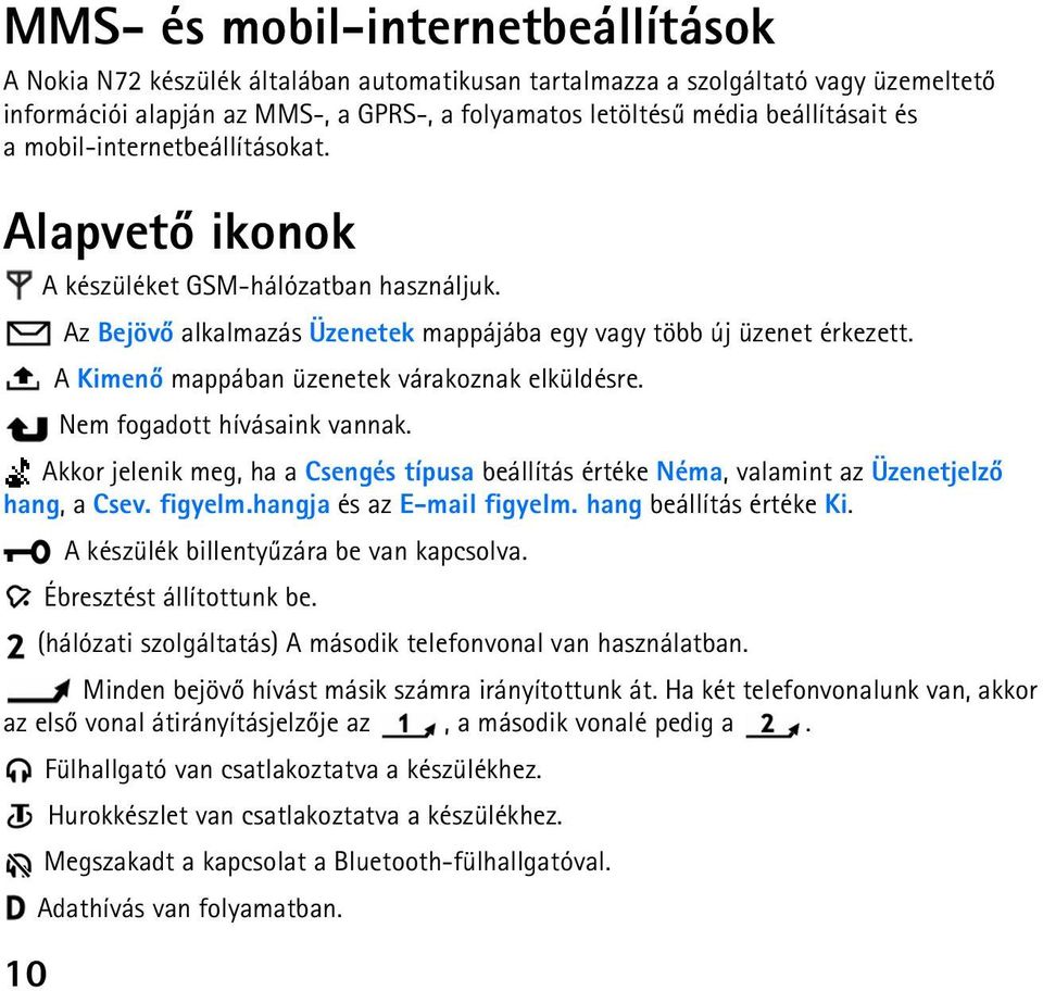 A Kimenõ mappában üzenetek várakoznak elküldésre. Nem fogadott hívásaink vannak. Akkor jelenik meg, ha a Csengés típusa beállítás értéke Néma, valamint az Üzenetjelzõ hang, a Csev. figyelm.