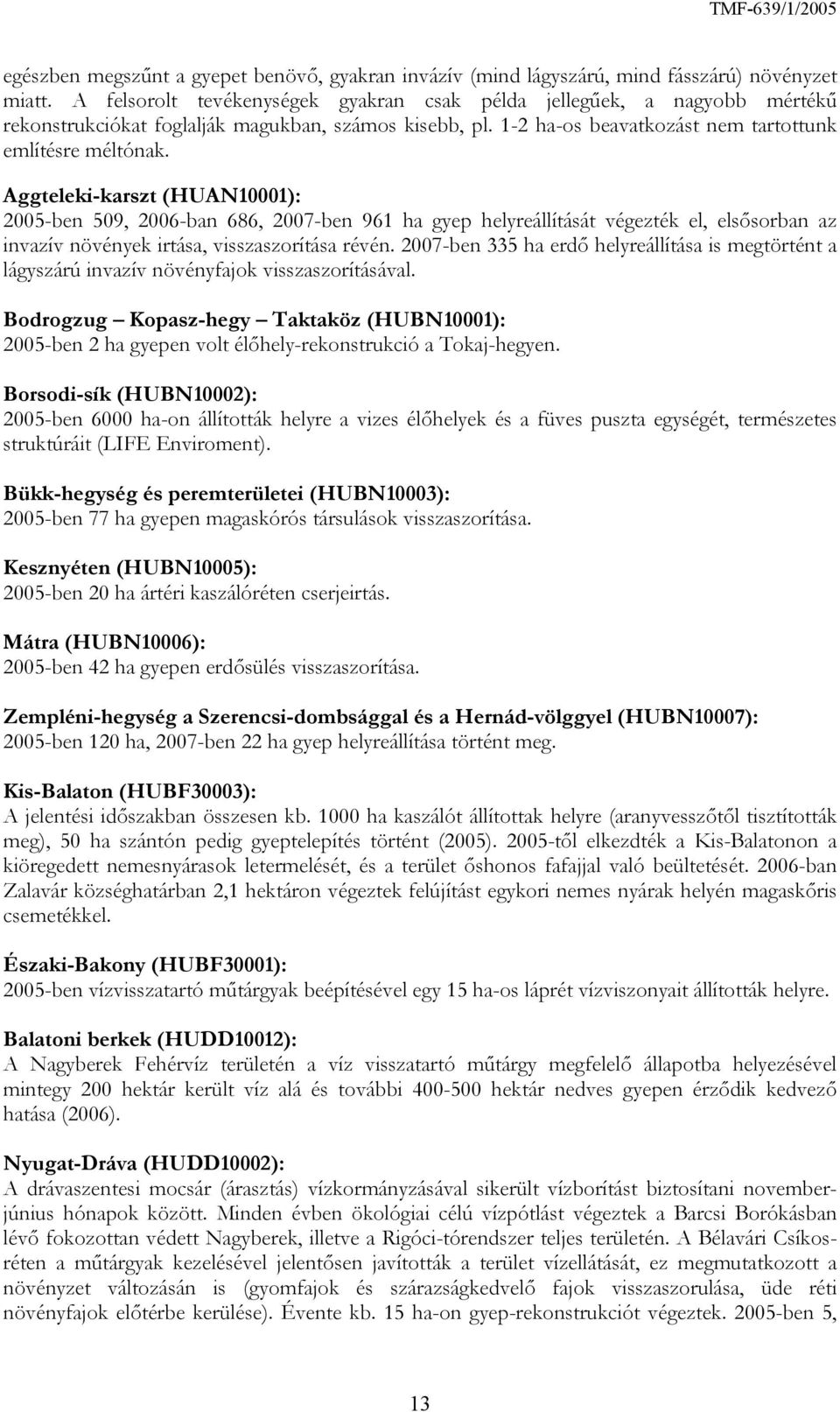 Aggteleki-karszt (HUAN10001): 2005-ben 509, 2006-ban 686, 2007-ben 961 ha gyep helyreállítását végezték el, elsősorban az invazív növények irtása, visszaszorítása révén.