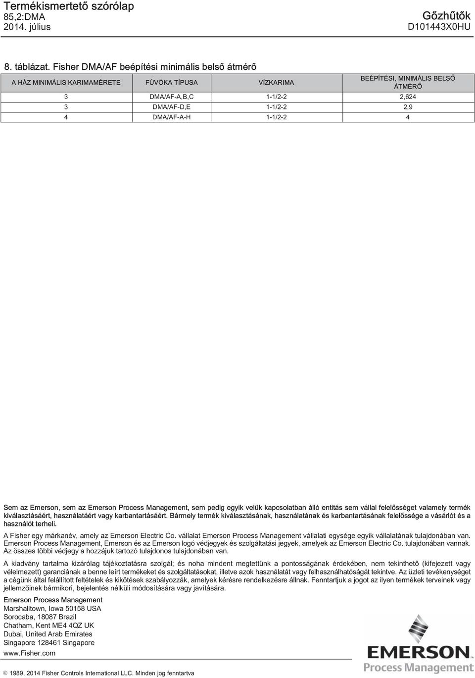 1-1/2-2 4 Sem az Emerson, sem az Emerson Process Management, sem pedig egyik velük kapcsolatban álló entitás sem vállal felelősséget valamely termék kiválasztásáért, használatáért vagy