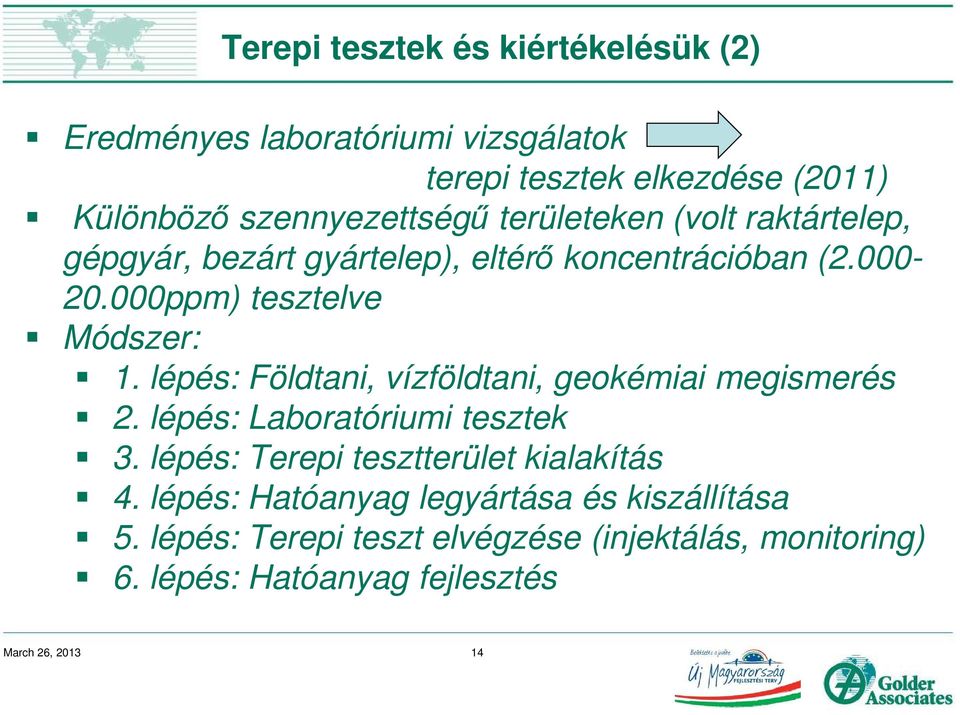 lépés: Földtani, vízföldtani, geokémiai megismerés 2. lépés: Laboratóriumi tesztek 3. lépés: Terepi tesztterület kialakítás 4.