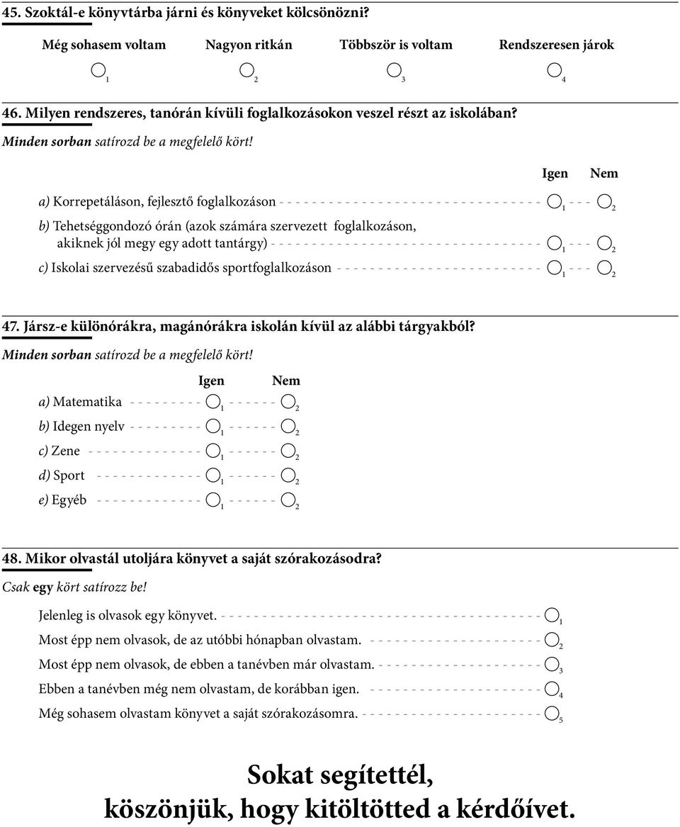 igen nem a) Korrepetáláson, fejlesztő foglalkozáson - - - b) Tehetséggondozó órán (azok számára szervezett foglalkozáson, akiknek jól megy egy adott tantárgy) - - - c) Iskolai szervezésű szabadidős