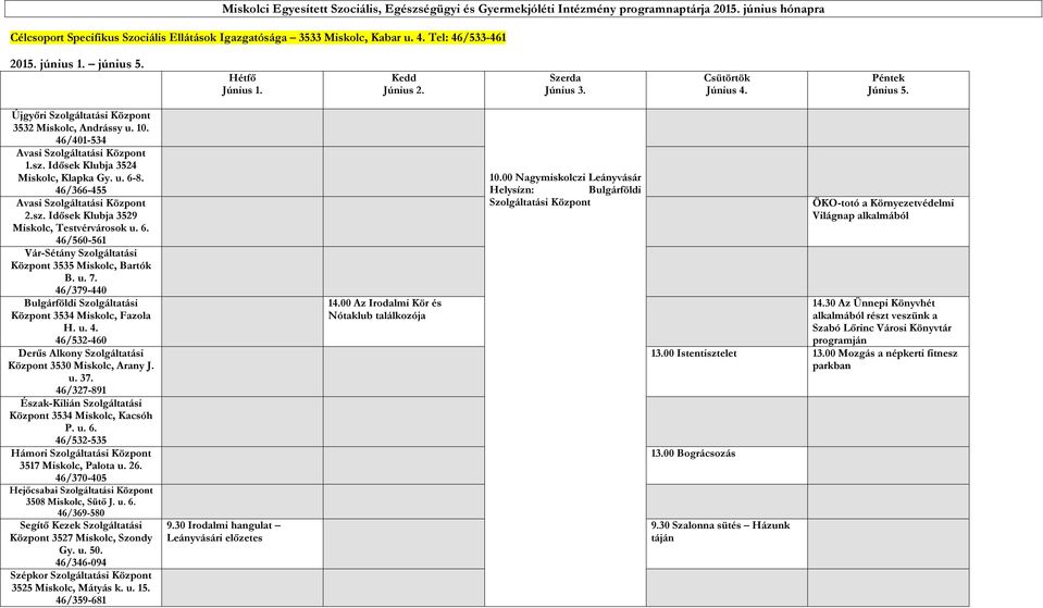 sz. Idősek Klubja 3524 Miskolc, Klapka Gy. u. 6-8. 46/366-455 2.sz. Idősek Klubja 3529 Miskolc, Testvérvárosok u. 6. 46/560-561 Vár-Sétány Szolgáltatási Központ 3535 Miskolc, Bartók B. u. 7.