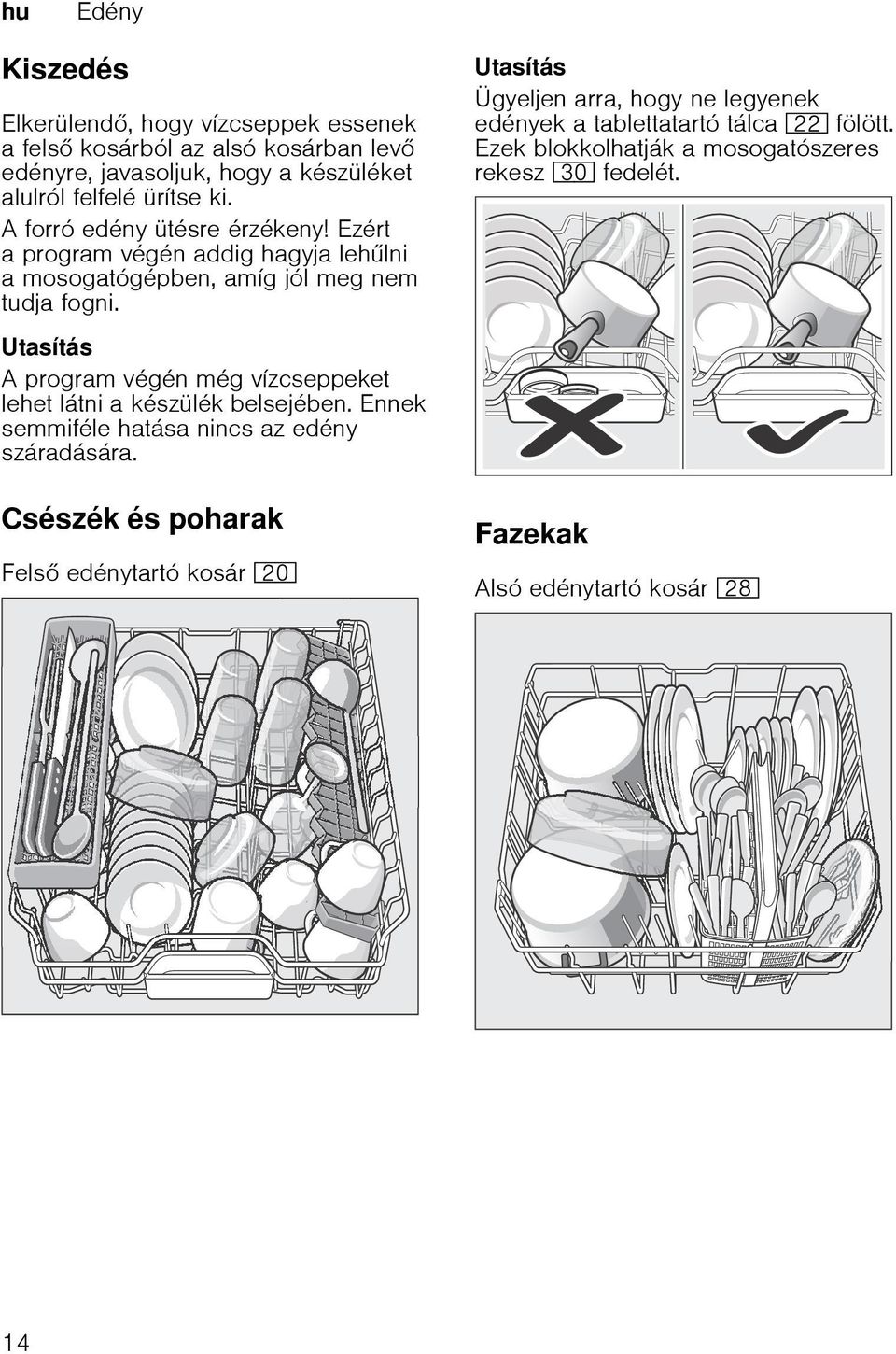 Utasítás A program végén még vízcseppeket lehet látni a készülék belsejében. Ennek semmiféle hatása nincs az edény száradására.