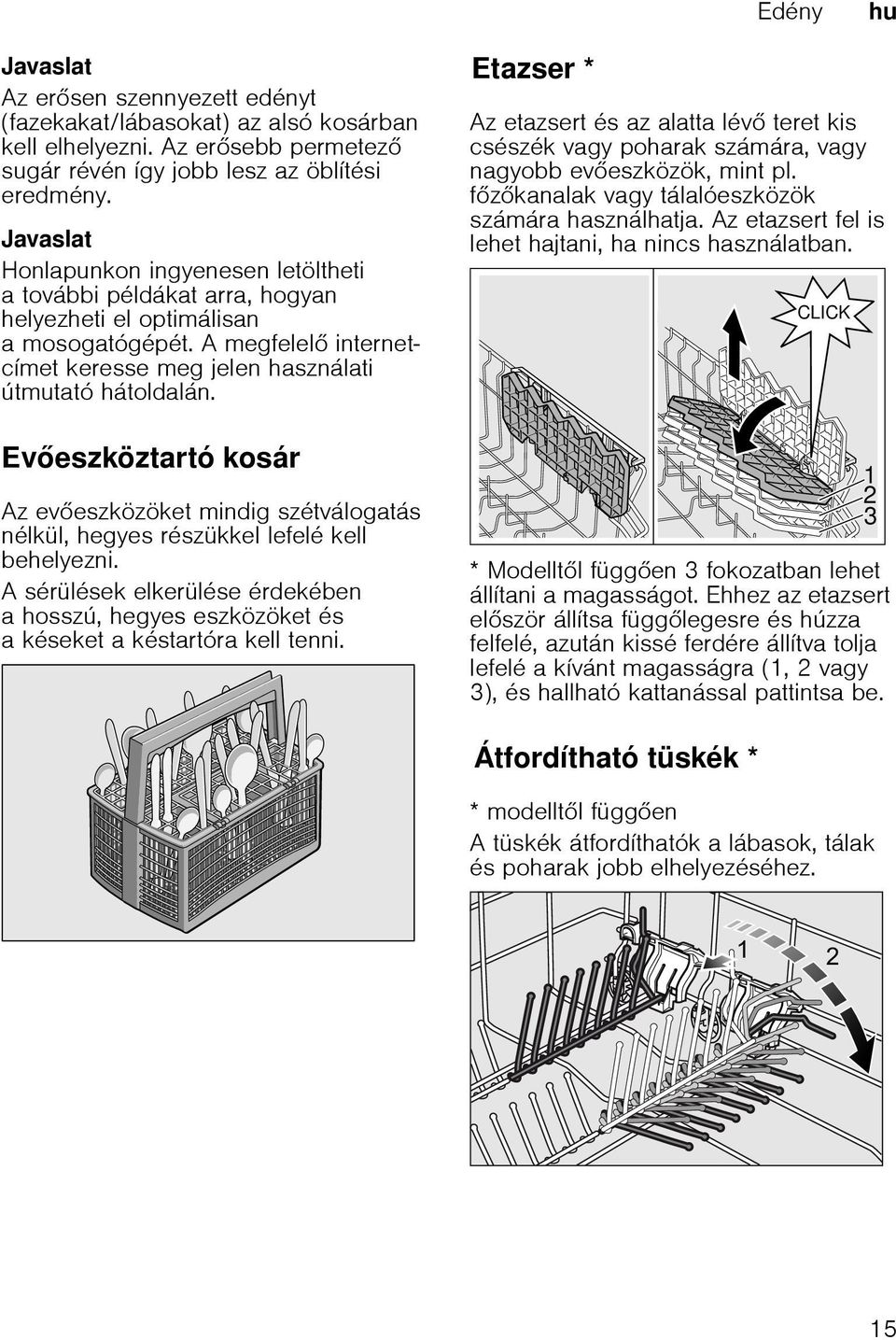 Eveszköztartó kosár Az eveszközöket mindig szétválogatás nélkül, hegyes részükkel lefelé kell behelyezni.