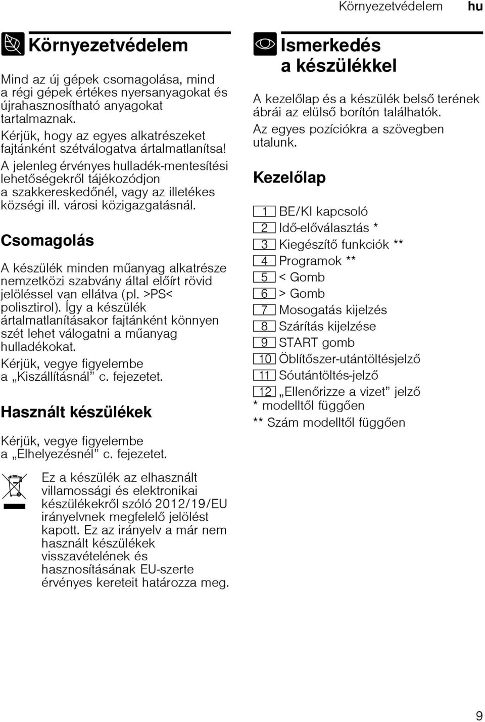 városi közigazgatásnál. Csomagolás A készülék minden manyag alkatrésze nemzetközi szabvány által elírt rövid jelöléssel van ellátva (pl. >PS< polisztirol).