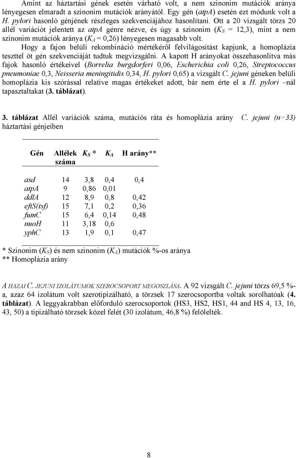 Ott a 20 vizsgált törzs 20 allél variációt jelentett az atpa génre nézve, és úgy a szinonim (K S = 12,3), mint a nem szinonim mutációk aránya (K A = 0,26) lényegesen magasabb volt.