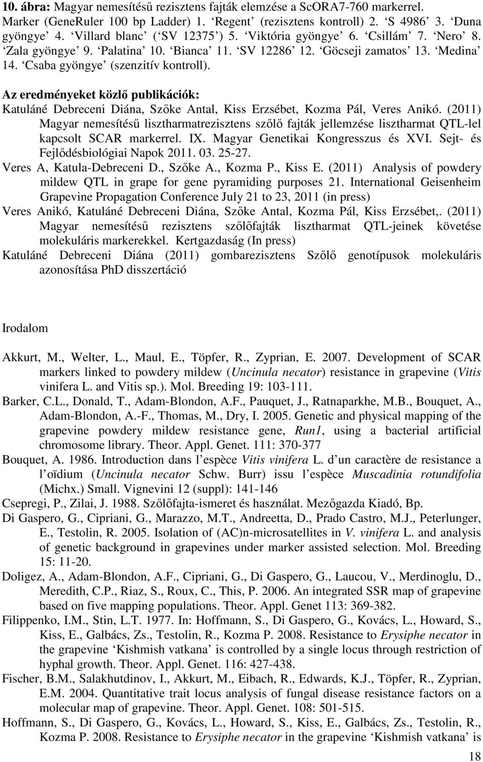 Az eredményeket közlő publikációk: Katuláné Debreceni Diána, Szőke Antal, Kiss Erzsébet, Kozma Pál, Veres Anikó.