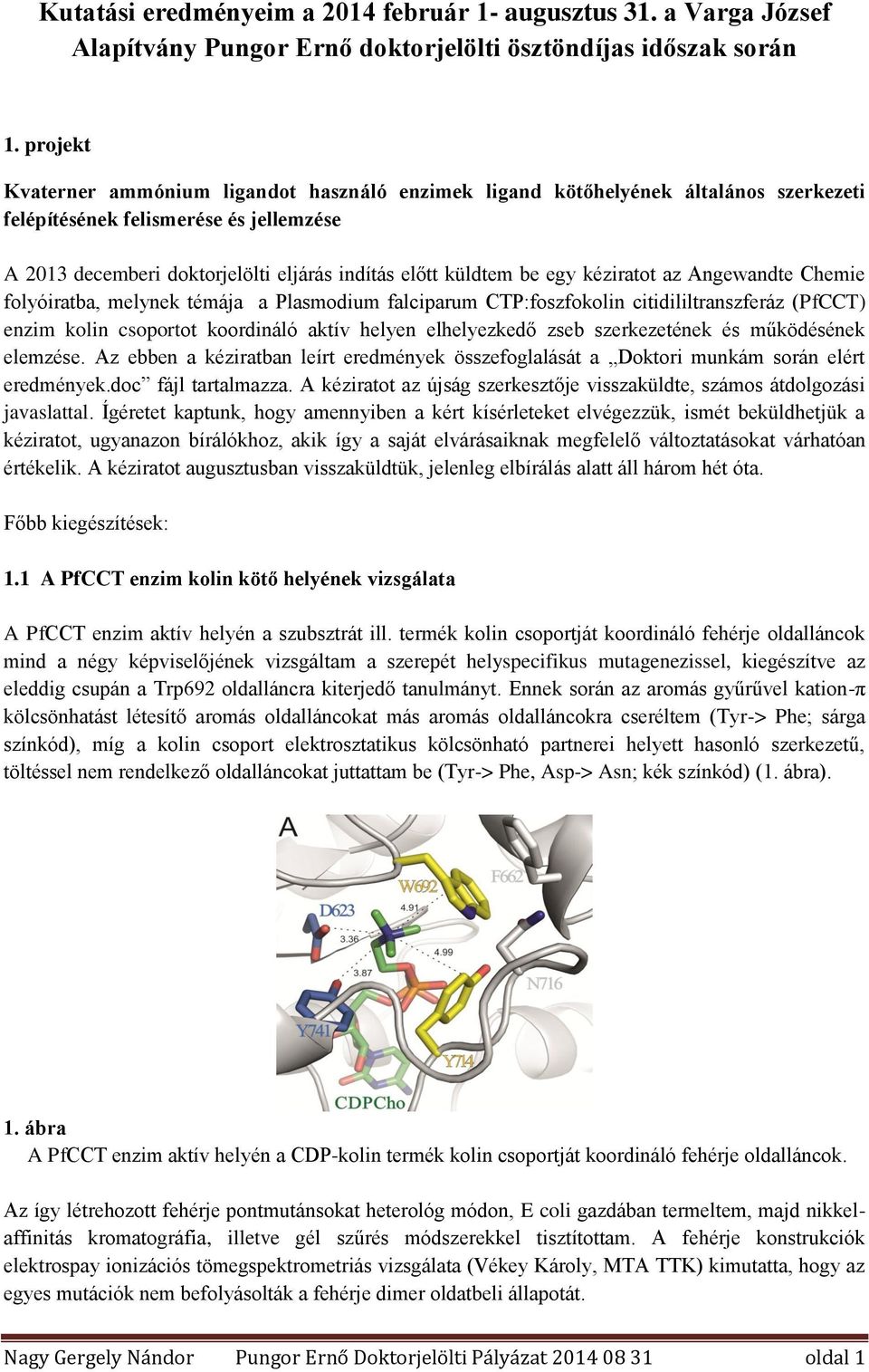egy kéziratot az Angewandte Chemie folyóiratba, melynek témája a Plasmodium falciparum CTP:foszfokolin citidililtranszferáz (PfCCT) enzim kolin csoportot koordináló aktív helyen elhelyezkedő zseb