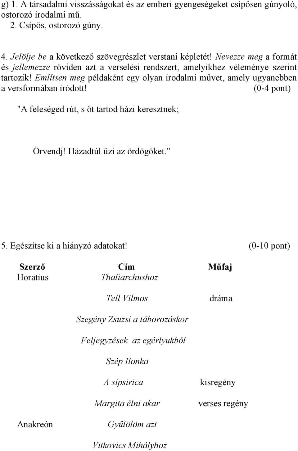 Említsen meg példaként egy olyan irodalmi művet, amely ugyanebben a versformában íródott! (0-4 pont) "A feleséged rút, s őt tartod házi keresztnek; Örvendj! Házadtúl űzi az ördögöket." 5.