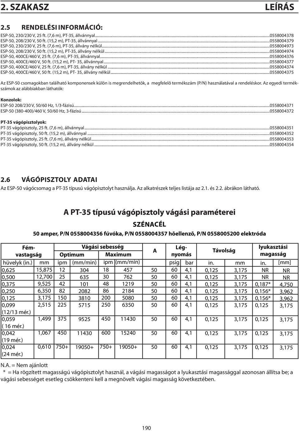 (15,2 m), PT- 35, állvánnyal...0558004377 ESP-, 400CE/4 V, 25 ft. (7,6 m), PT-35, állvány nélkül...0558004374 ESP-, 400CE/4 V, ft. (15,2 m), PT- 35, állvány nélkül.