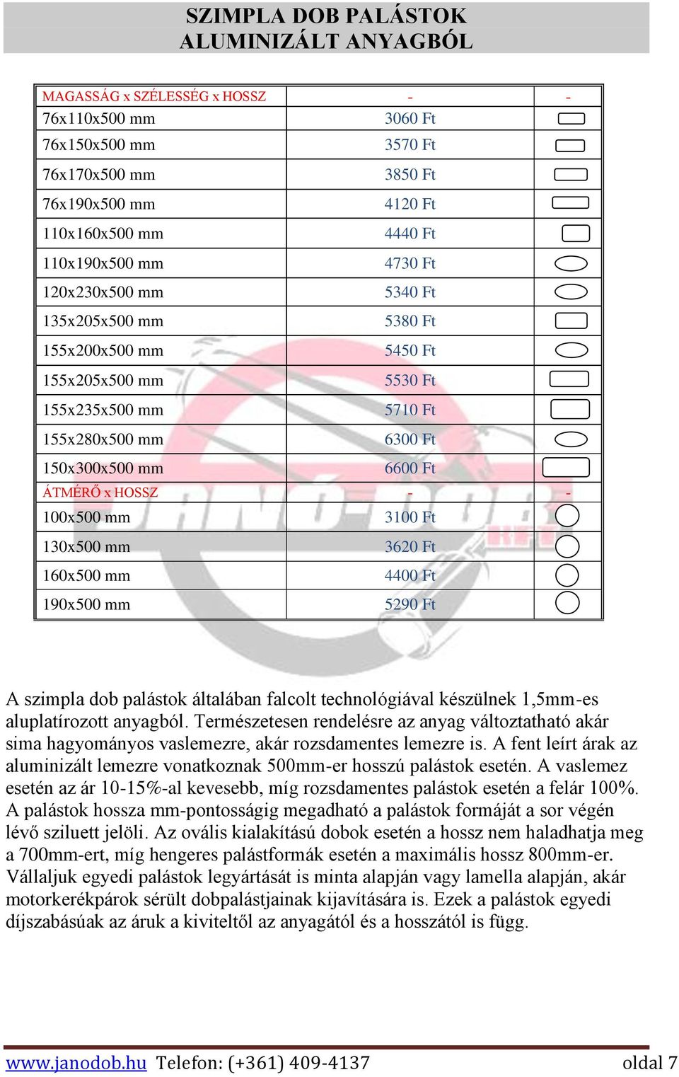 100x500 mm 3100 Ft 130x500 mm 160x500 mm 190x500 mm 3620 Ft 4400 Ft 5290 Ft A szimpla dob palástok általában falcolt technológiával készülnek 1,5mm-es aluplatírozott anyagból.