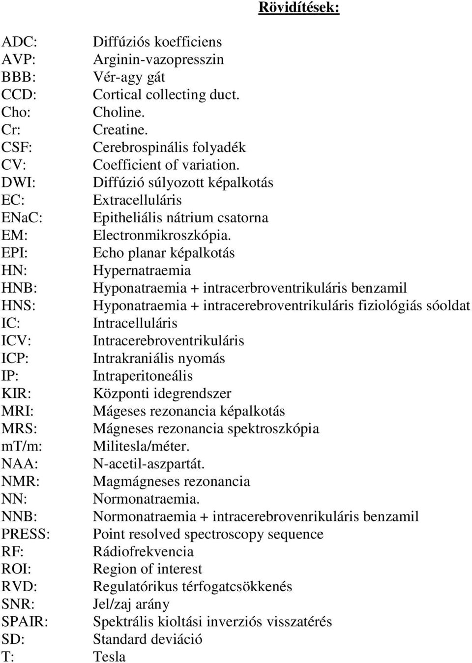 EPI: Echo planar képalkotás HN: Hypernatraemia HNB: Hyponatraemia + intracerbroventrikuláris benzamil HNS: Hyponatraemia + intracerebroventrikuláris fiziológiás sóoldat IC: Intracelluláris ICV: