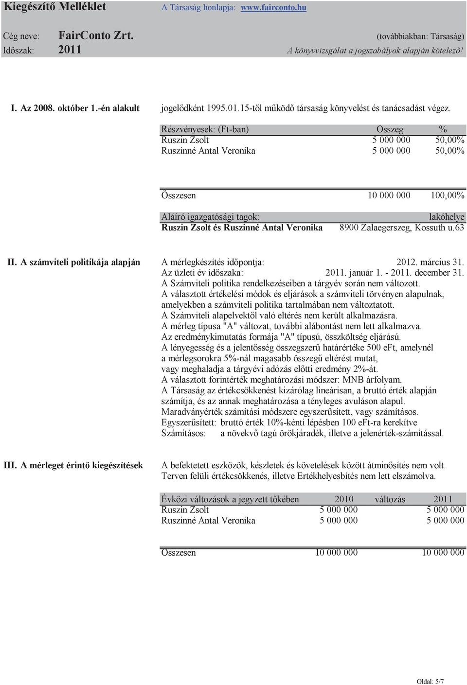 Részvényesek: (Ft-ban) Összeg % Ruszin Zsolt 5 000 000 50,00% Ruszinné Antal Veronika 5 000 000 50,00% Összesen 10 000 000 100,00% Aláíró igazgatósági tagok: lakóhelye Ruszin Zsolt és Ruszinné Antal