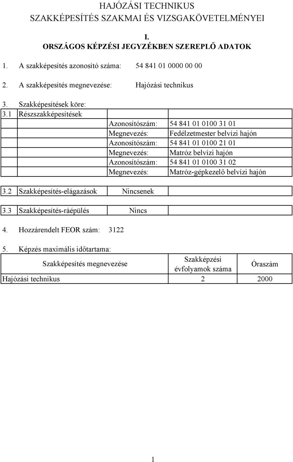 Hozzárendelt FEOR szám: Azonosítószám: 54 841 01 0100 31 01 Megnevezés: Fedélzetmester belvízi hajón Azonosítószám: 54 841 01 0100 21 01 Megnevezés: Matróz belvízi hajón