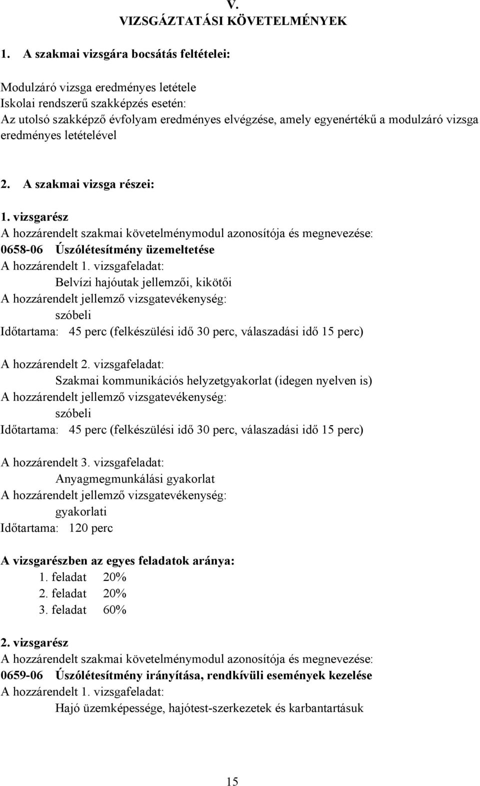 eredményes letételével 2. A szakmai vizsga részei: 1. vizsgarész A hozzárendelt szakmai követelménymodul azonosítója és megnevezése: 065806 Úszólétesítmény üzemeltetése A hozzárendelt 1.