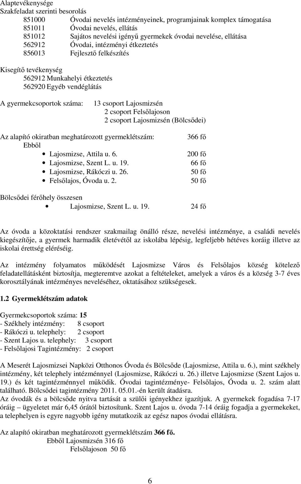 Lajosmizsén 2 csoport Felsılajoson 2 csoport Lajosmizsén (Bölcsıdei) Az alapító okiratban meghatározott gyermeklétszám: Ebbıl Lajosmizse, Attila u. 6. Lajosmizse, Szent L. u. 19.