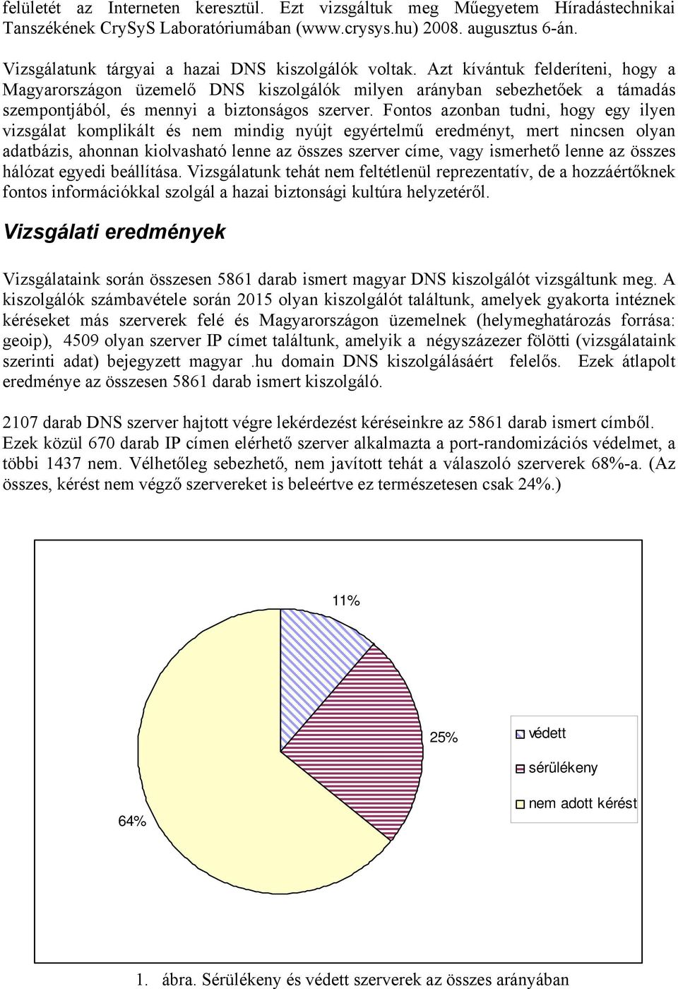 Azt kívántuk felderíteni, hogy a Magyarországon üzemelő DNS kiszolgálók milyen arányban sebezhetőek a támadás szempontjából, és mennyi a biztonságos szerver.
