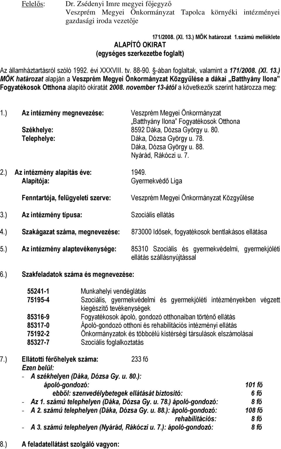 ) MÖK határozat alapján a Veszprém Megyei Önkormányzat Közgyűlése a dákai Batthyány Ilona Fogyatékosok Otthona alapító okiratát 2008. november 13-ától a következők szerint határozza meg: 1.