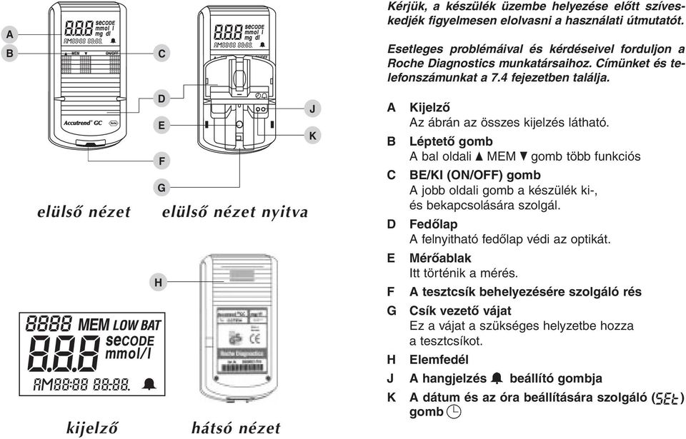 B Léptetô gomb A bal oldali MEM gomb több funkciós C BE/KI (ON/OFF) gomb A jobb oldali gomb a készülék ki-, és bekapcsolására szolgál. D Fedôlap A felnyitható fedôlap védi az optikát.