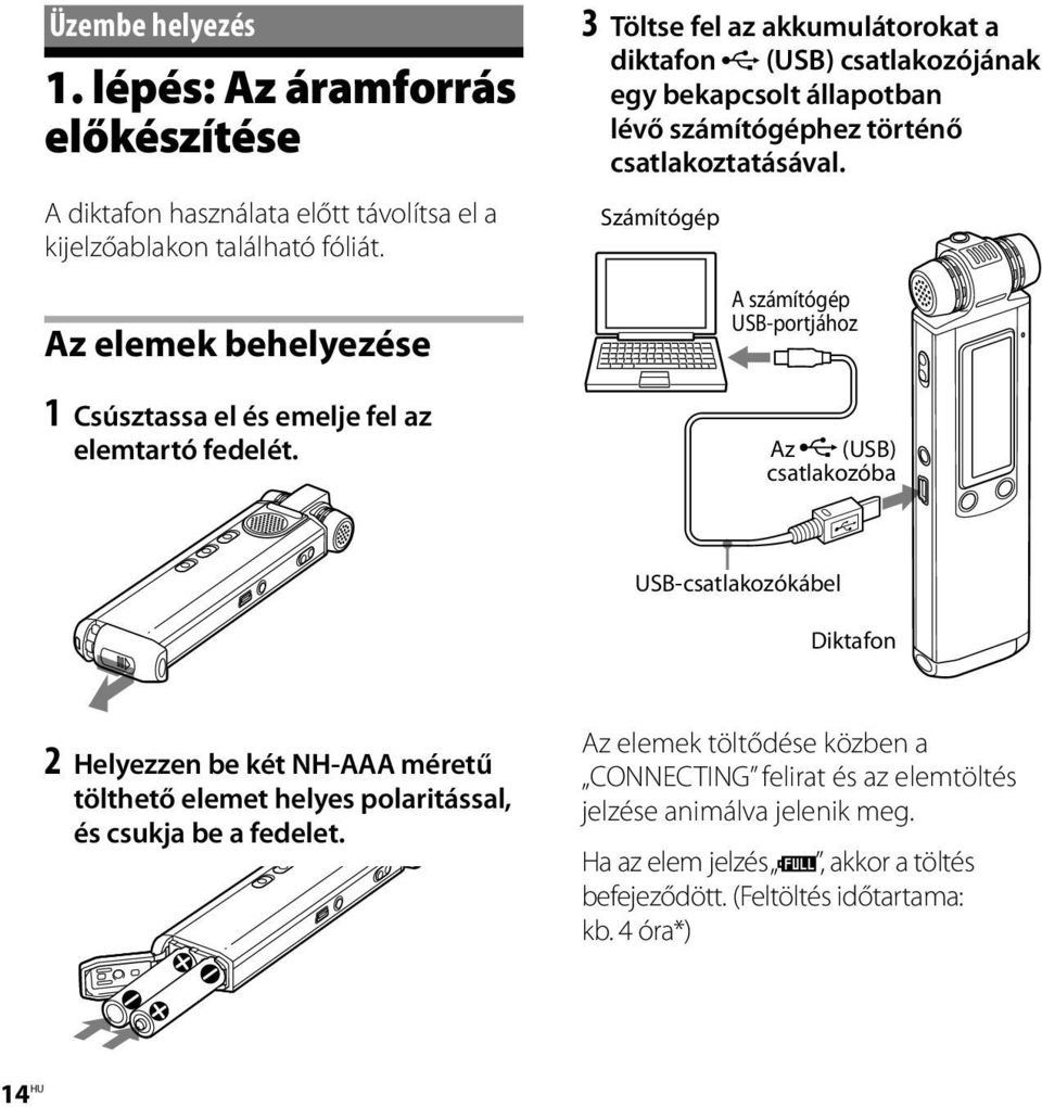 3 Töltse fel az akkumulátorokat a diktafon (USB) csatlakozójának egy bekapcsolt állapotban lévő számítógéphez történő csatlakoztatásával.