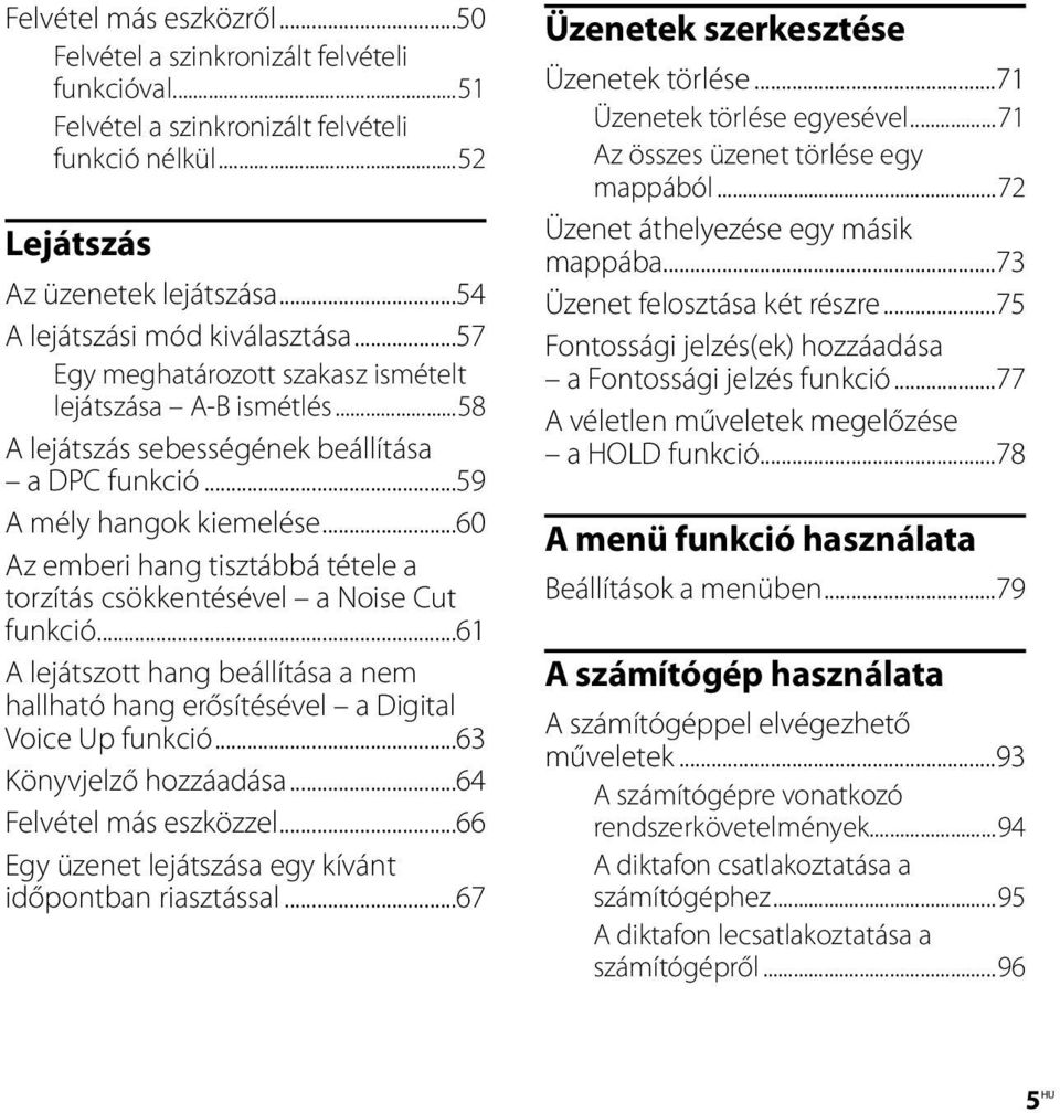 ..60 Az emberi hang tisztábbá tétele a torzítás csökkentésével a Noise Cut funkció...61 A lejátszott hang beállítása a nem hallható hang erősítésével a Digital Voice Up funkció.