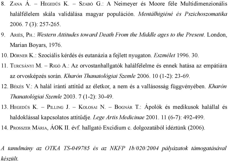 RIGÓ A.: Az orvostanhallgatók halálfélelme és ennek hatása az empátiára az orvosképzés során. Kharón Thanatológiai Szemle 2006. 10 (1-2): 23-69. 12. BÉKÉS V.