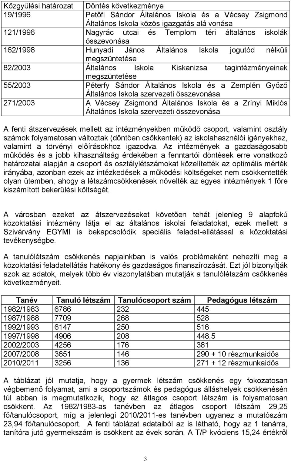 zervezeti özevonáa 271/2003 A Vécey Zigmond Általáno Ikola é a Zrínyi Mikló Általáno Ikola zervezeti özevonáa A fenti átzervezéek mellett az intézményekben működő coport, valamint oztály zámok