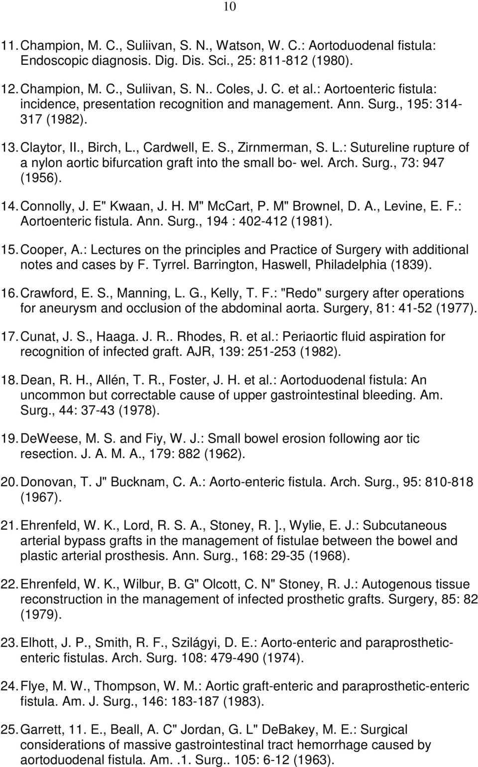 , Cardwell, E. S., Zirnmerman, S. L.: Sutureline rupture of a nylon aortic bifurcation graft into the small bo- wel. Arch. Surg., 73: 947 (1956). 14. Connolly, J. E" Kwaan, J. H. M" McCart, P.