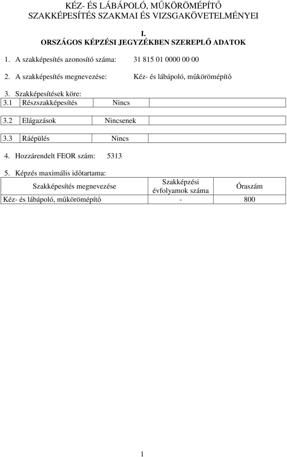 Szakképesítések köre: 3.1 Részszakképesítés Nincs 3.2 Elágazások Nincsenek 3.3 Ráépülés Nincs 4.