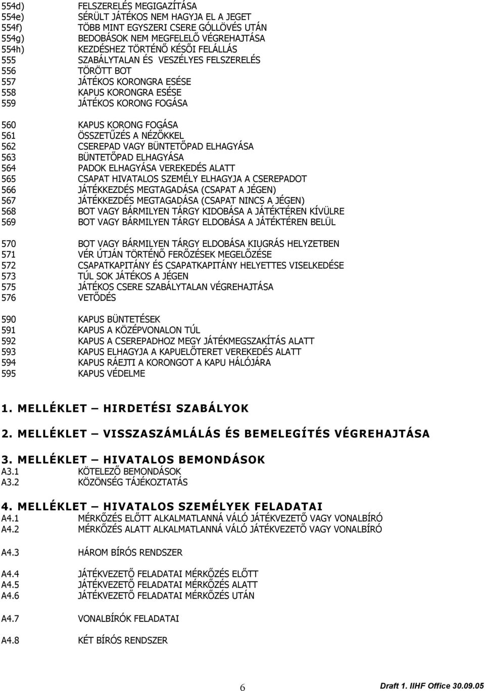 CSEREPAD VAGY BÜNTETŐPAD ELHAGYÁSA 563 BÜNTETŐPAD ELHAGYÁSA 564 PADOK ELHAGYÁSA VEREKEDÉS ALATT 565 CSAPAT HIVATALOS SZEMÉLY ELHAGYJA A CSEREPADOT 566 JÁTÉKKEZDÉS MEGTAGADÁSA (CSAPAT A JÉGEN) 567