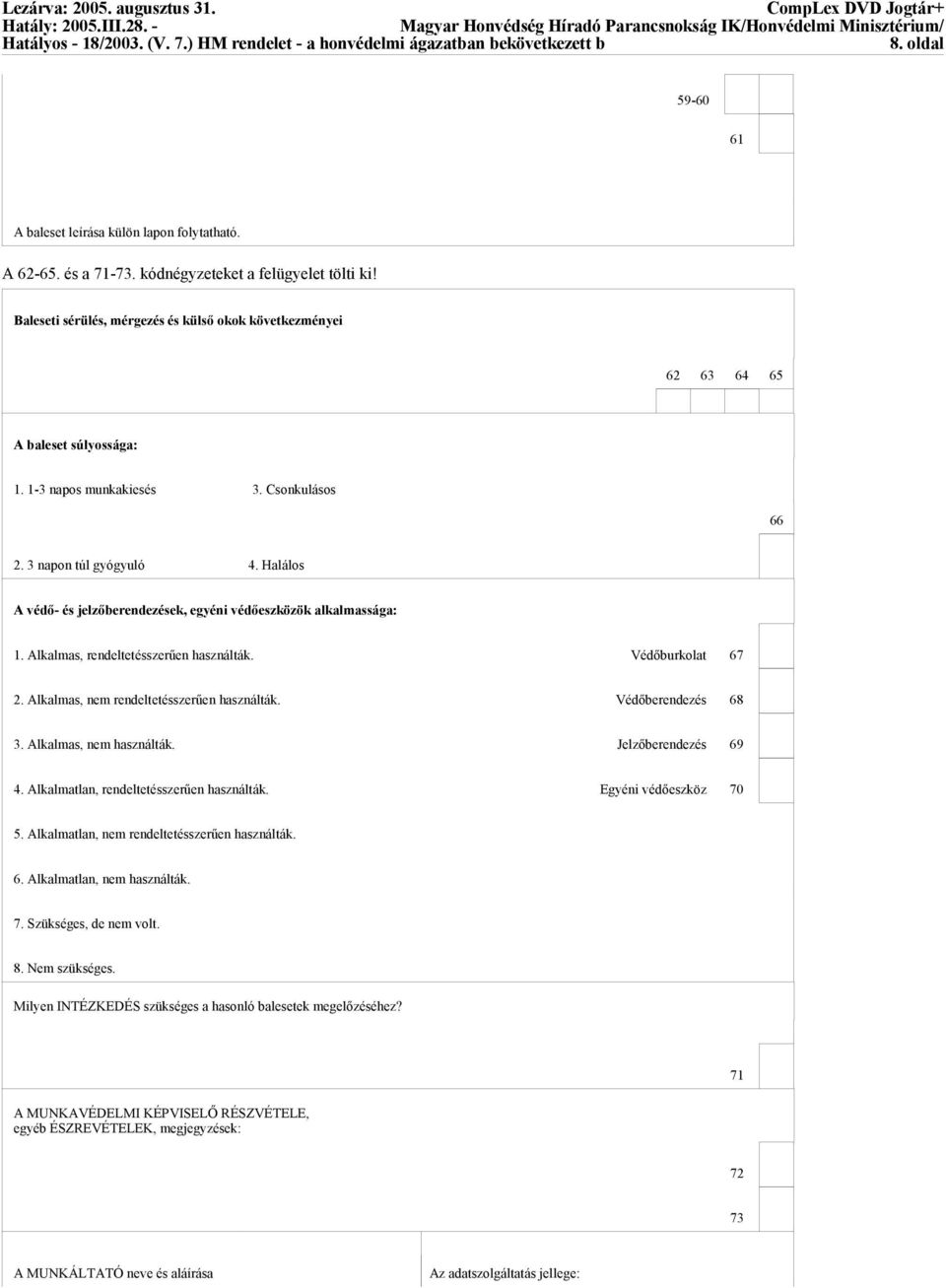 Halálos A védő- és jelzőberendezések, egyéni védőeszközök alkalmassága: 1. Alkalmas, rendeltetésszerűen használták. Védőburkolat 67 2. Alkalmas, nem rendeltetésszerűen használták. Védőberendezés 68 3.