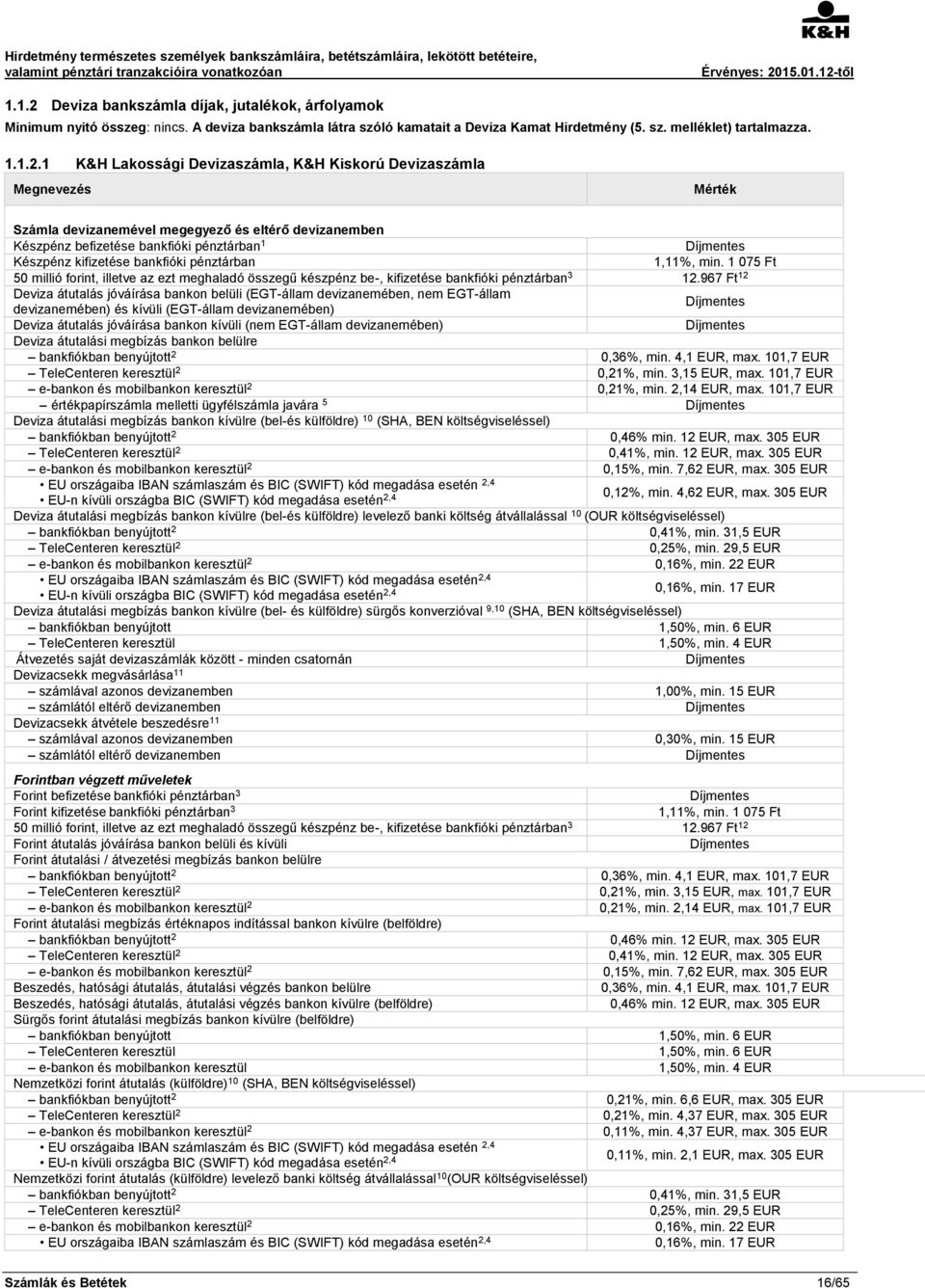 1 K&H Lakossági Devizaszámla, K&H Kiskorú Devizaszámla Számla devizanemével megegyező és eltérő devizanemben Készpénz befizetése bankfióki pénztárban 1 Készpénz kifizetése bankfióki pénztárban 1,11%,