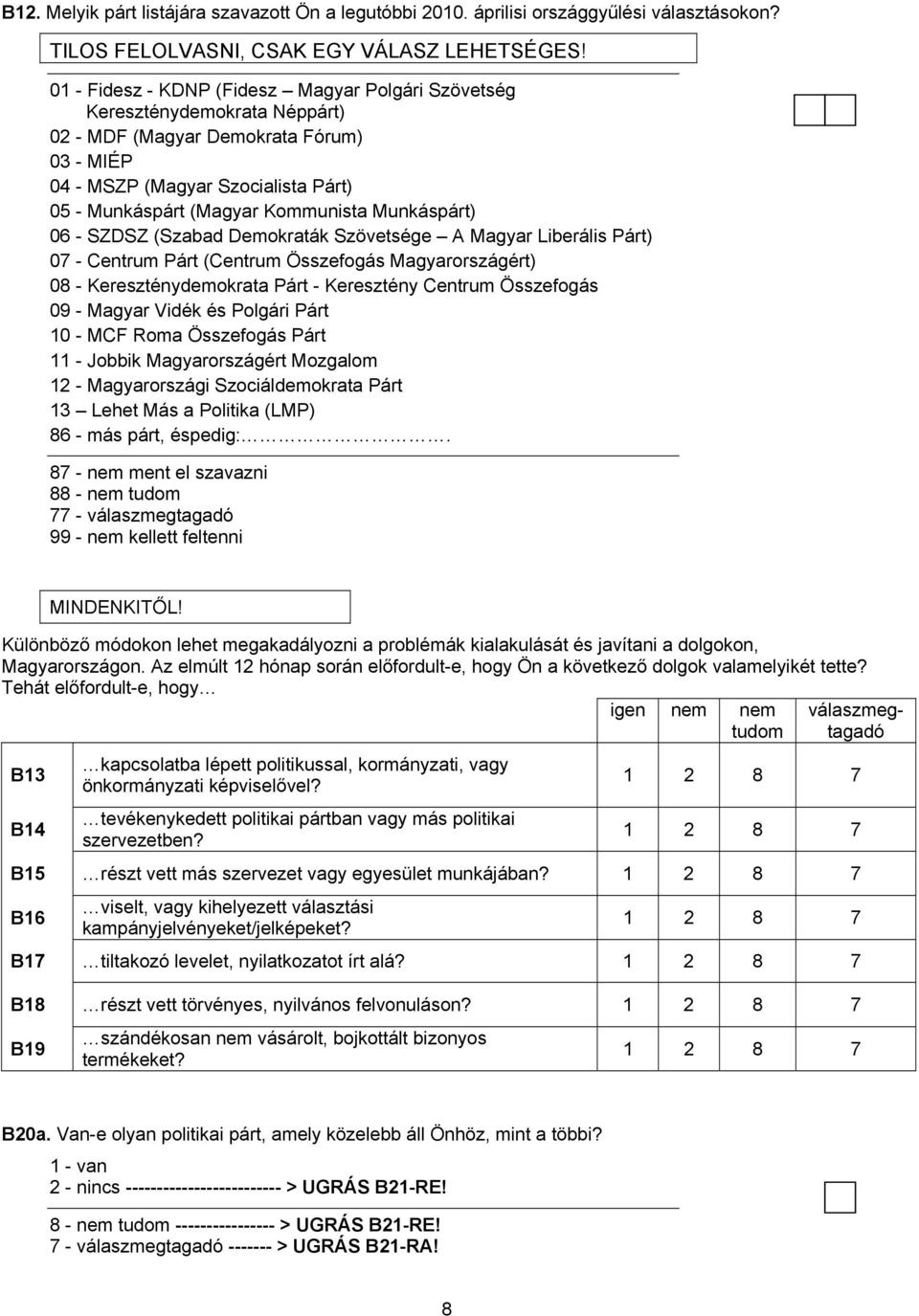 Munkáspárt) 06 - SZDSZ (Szabad Demokraták Szövetsége A Magyar Liberális Párt) 07 - Centrum Párt (Centrum Összefogás Magyarországért) 08 - Kereszténydemokrata Párt - Keresztény Centrum Összefogás 09 -