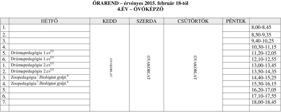 Drámapedagógia 2.cs ÚJ 13,00-13,45 2. Drámapedagógia 2.cs ÚJ 13,50-14,35 3. Zoopedagógia 7 /Biológiai gyűjt.