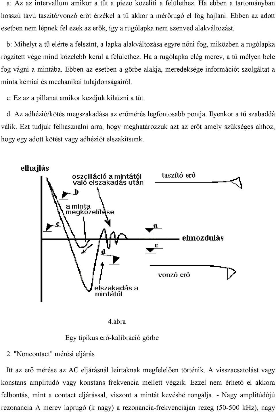 b: Mihelyt a tű elérte a felszínt, a lapka alakváltozása egyre nőni fog, miközben a rugólapka rögzitett vége mind közelebb kerül a felülethez.