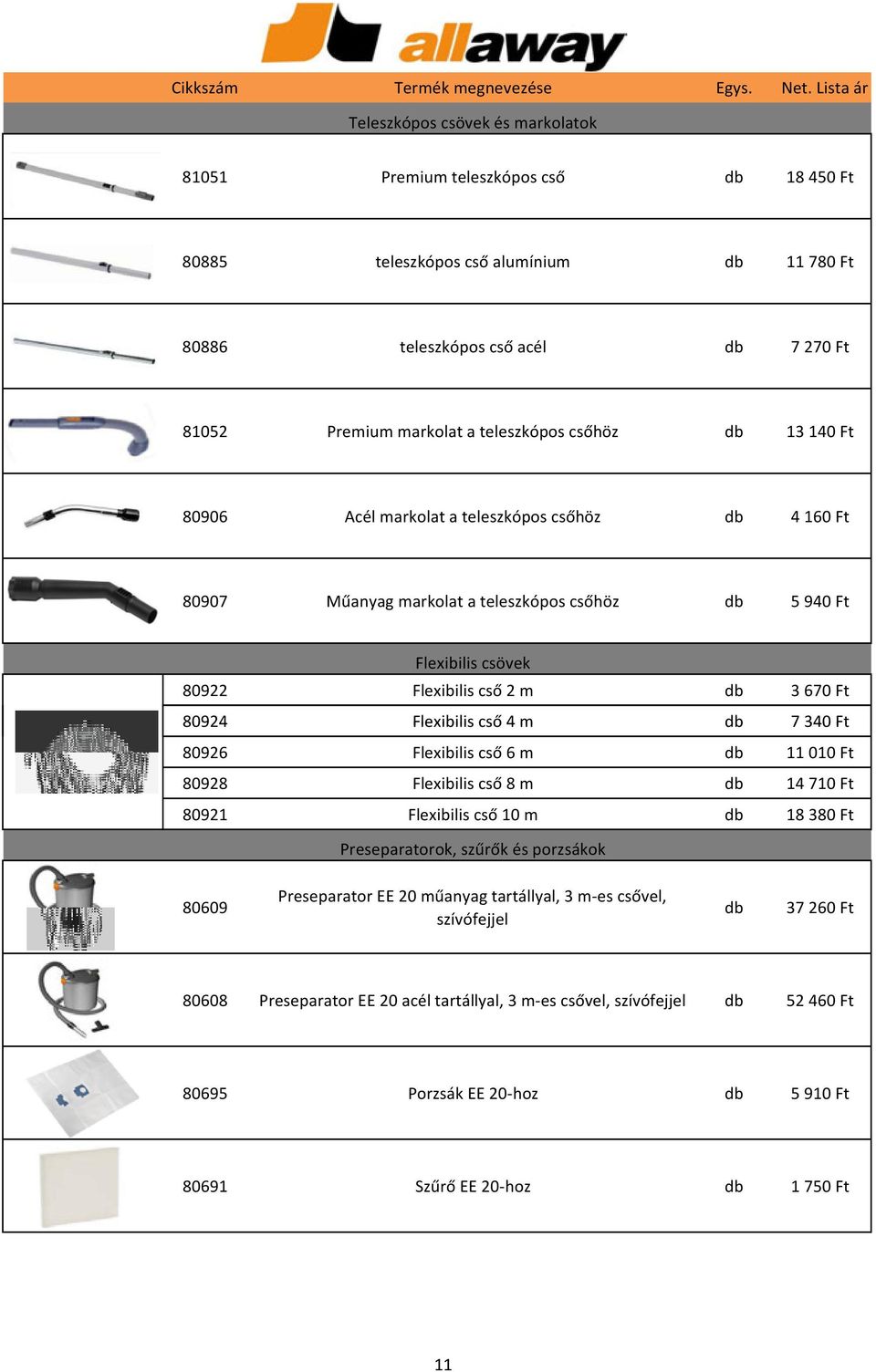 cső 4 m db 7 340 Ft 80926 Flexibilis cső 6 m db 11010 Ft 80928 Flexibilis cső 8 m db 14710 Ft 80921 Flexibilis cső 10 m db 18380 Ft Preseparatorok, szűrők és porzsákok 80609 Preseparator EE 20