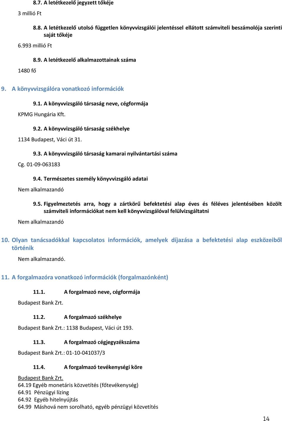 A könyvvizsgáló társaság székhelye 1134 Budapest, Váci út 31. 9.3. A könyvvizsgáló társaság kamarai nyilvántartási száma Cg. 01-09-063183 9.4. Természetes személy könyvvizsgáló adatai Nem alkalmazandó 9.