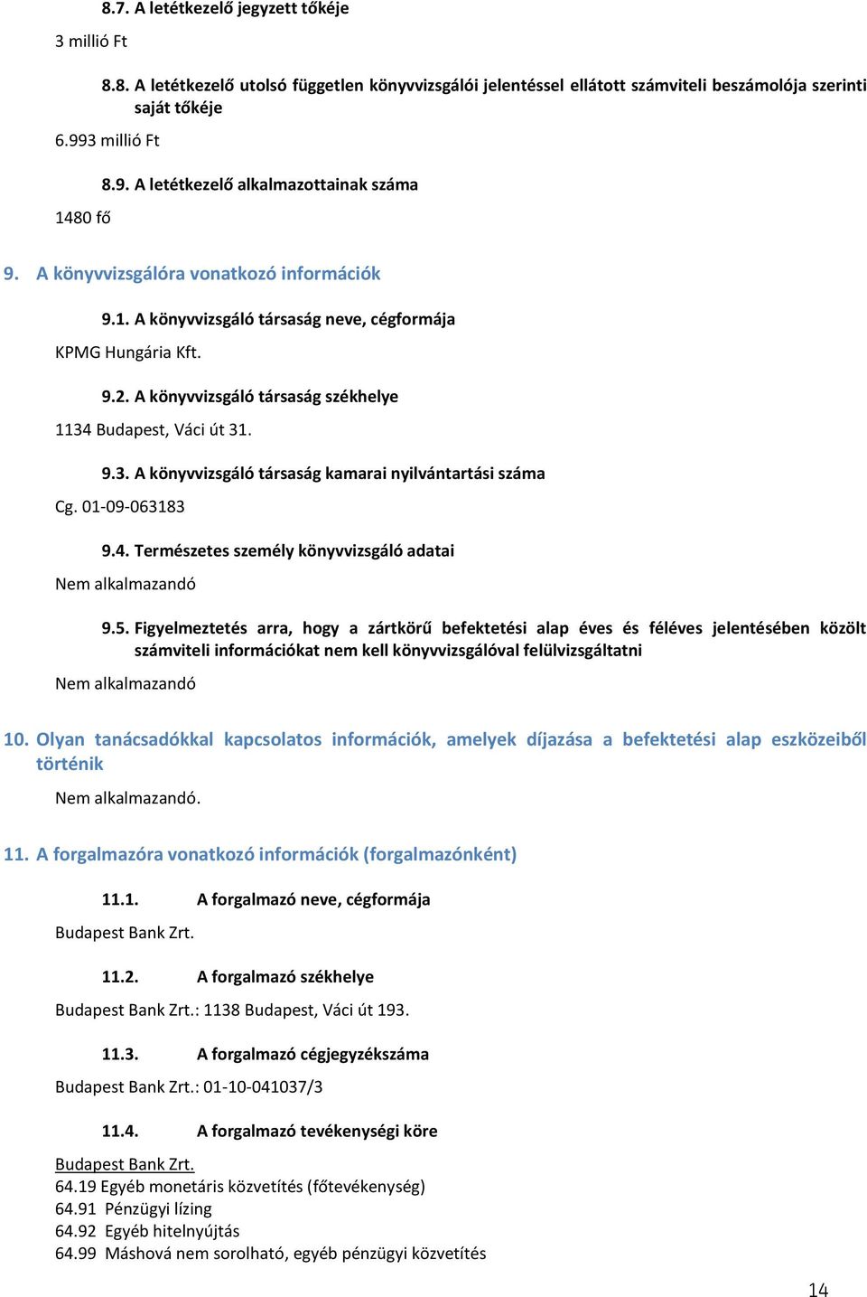 A könyvvizsgáló társaság székhelye 1134 Budapest, Váci út 31. 9.3. A könyvvizsgáló társaság kamarai nyilvántartási száma Cg. 01-09-063183 9.4. Természetes személy könyvvizsgáló adatai Nem alkalmazandó 9.