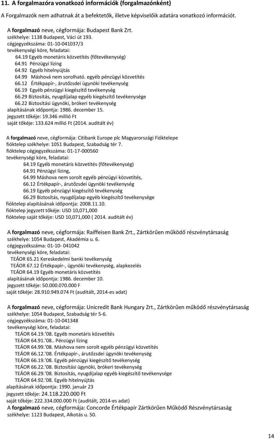 19 Egyéb monetáris közvetítés (főtevékenység) 64.91 Pénzügyi lízing 64.92 Egyéb hitelnyújtás 64.99 Máshová nem sorolható. egyéb pénzügyi közvetítés 66.