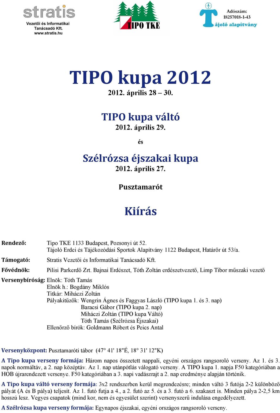 Bajnai Erdészet, Tóth Zoltán erdészetvezető, Limp Tibor műszaki vezető Versenybíróság: Elnök: Tóth Tamás Elnök h.