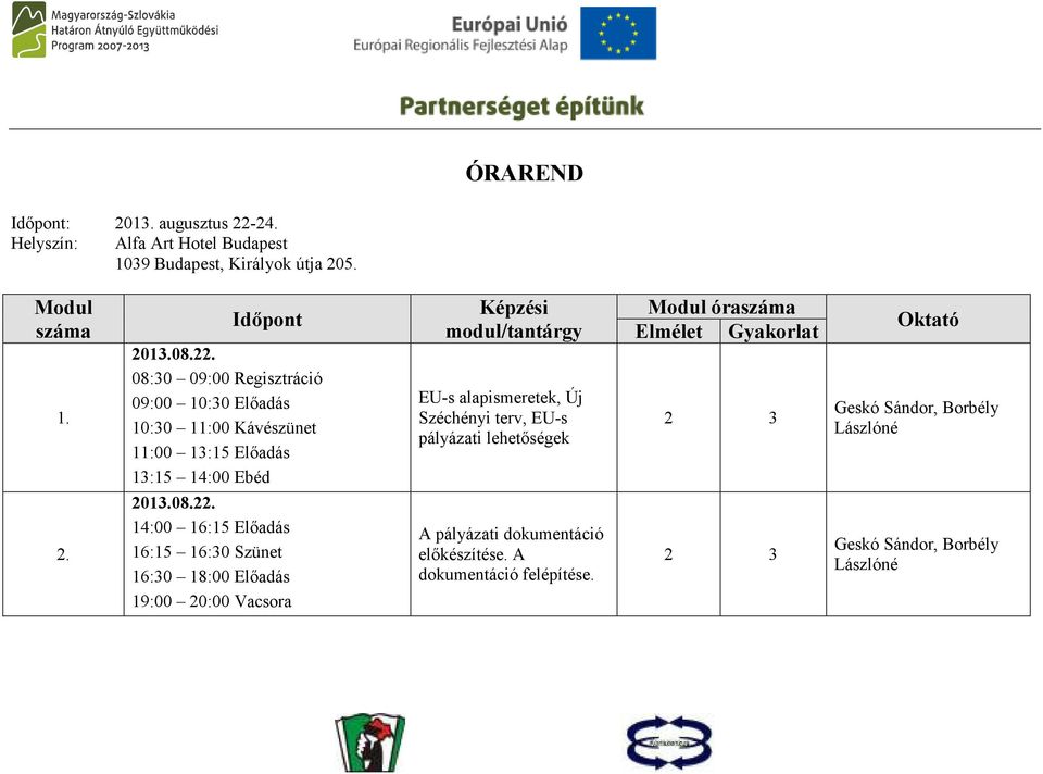 08:30 09:00 Regisztráció 09:00 10:30 10:30 11:00 Kávészünet 11:00 13:1 13:1 14:00 Ebéd 2013.