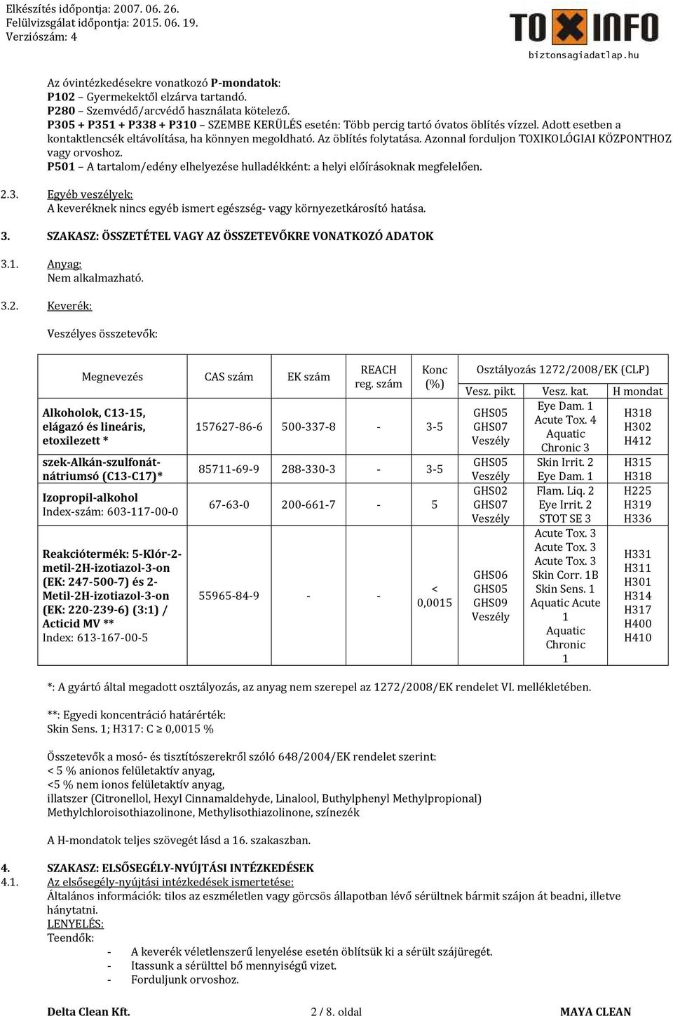 Azonnal forduljon TOXIKOLÓGIAI KÖZPONTHOZ vagy orvoshoz. P501 A tartalom/edény elhelyezése hulladékként: a helyi előírásoknak megfelelően. 2.3.