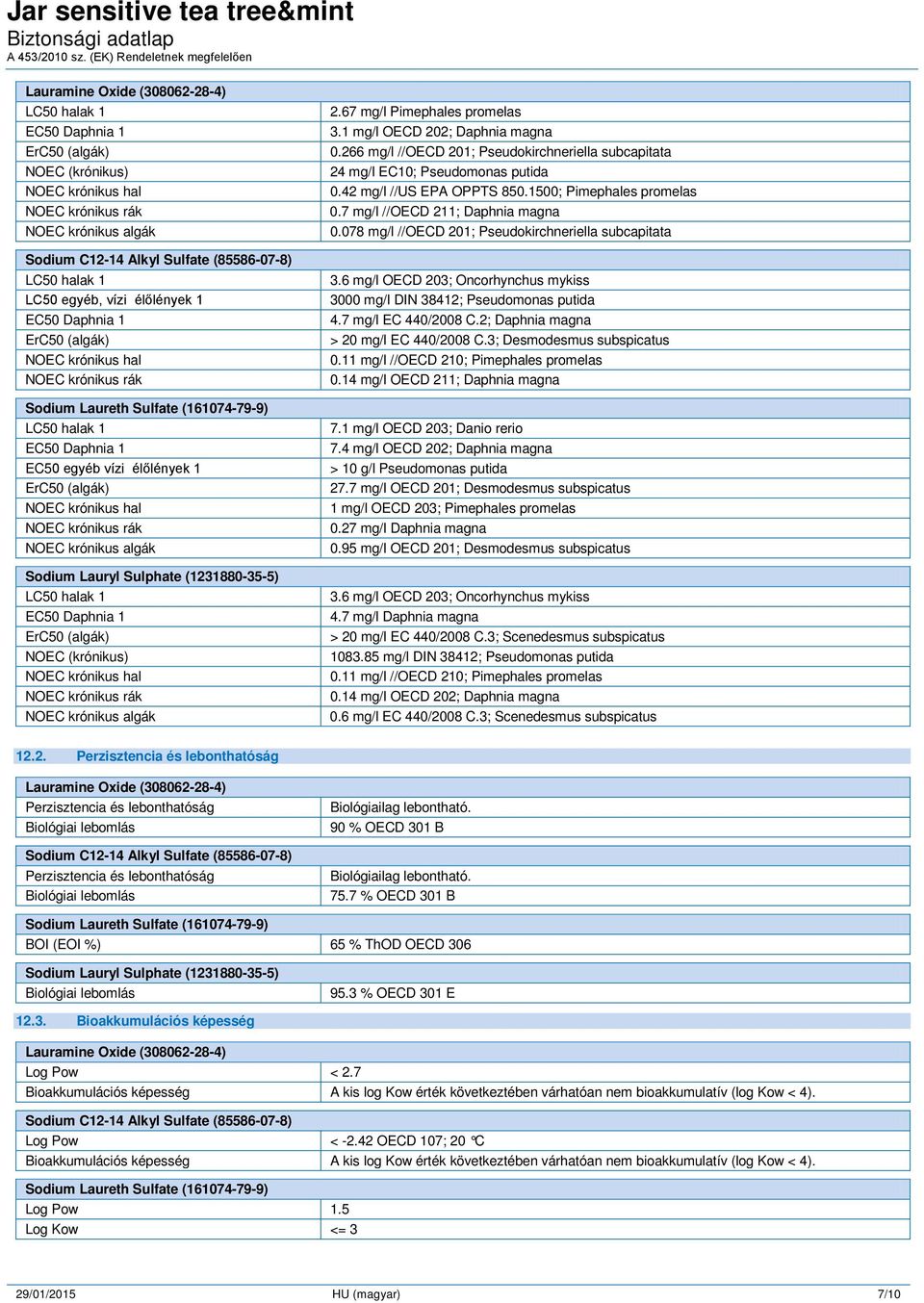 (krónikus) NOEC krónikus hal NOEC krónikus rák NOEC krónikus algák 2.67 mg/l Pimephales promelas 3.1 mg/l OECD 202; Daphnia magna 0.