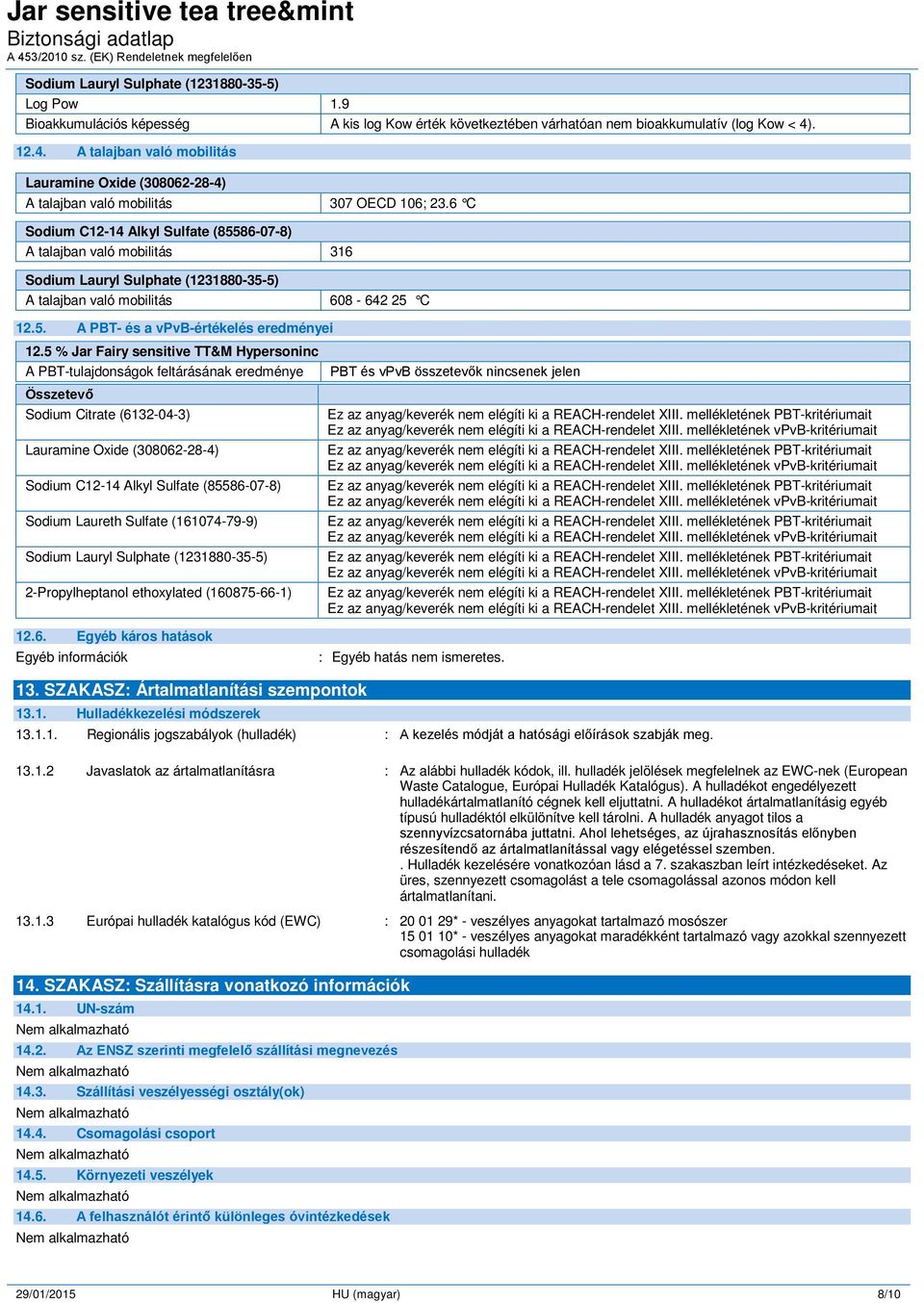 5 % Jar Fairy sensitive TT&M Hypersoninc A PBT-tulajdonságok feltárásának eredménye PBT és vpvb összetevők nincsenek jelen Összetevő Sodium Citrate (6132-04-3) Ez az anyag/keverék nem elégíti ki a