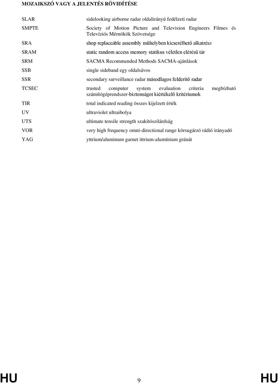 oldalsávos secondary surveillance radar másodlagos felderítő radar TCSEC trusted computer system evaluation criteria megbízható számítógéprendszer-biztonságot kiértékelő kritériumok TIR UV UTS VOR