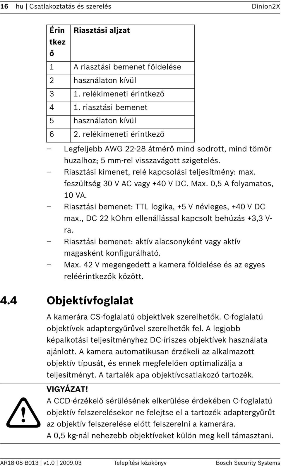 feszültség 30 V AC vagy +40 V DC. Max. 0,5 A folyamatos, 10 VA. Riasztási bemenet: TTL logika, +5 V névleges, +40 V DC max., DC 22 kohm ellenállással kapcsolt behúzás +3,3 V- ra.