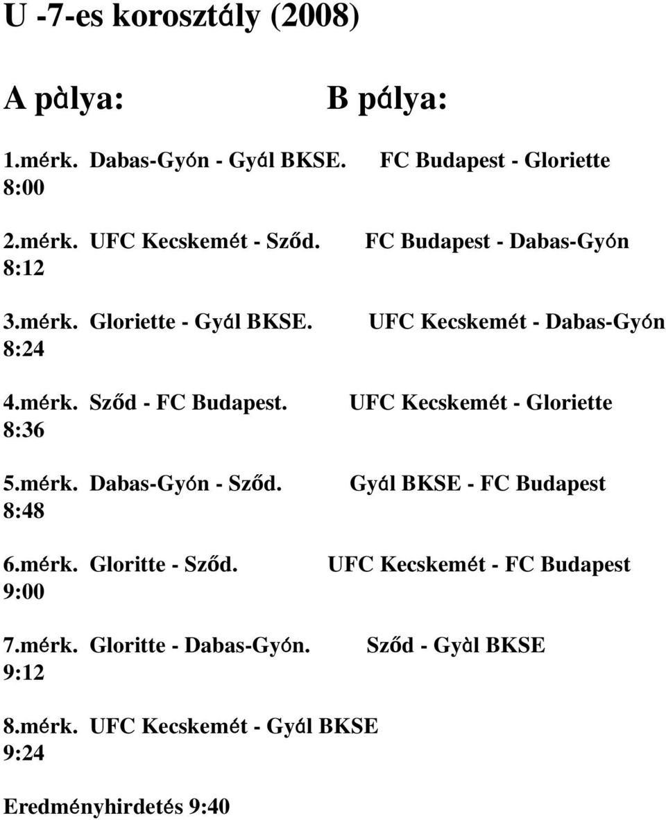 8:48 FC Budapest - Gloriette FC Budapest - Dabas-Gyón UFC Kecskemét - Dabas-Gyón UFC Kecskemét - Gloriette Gyál BKSE - FC