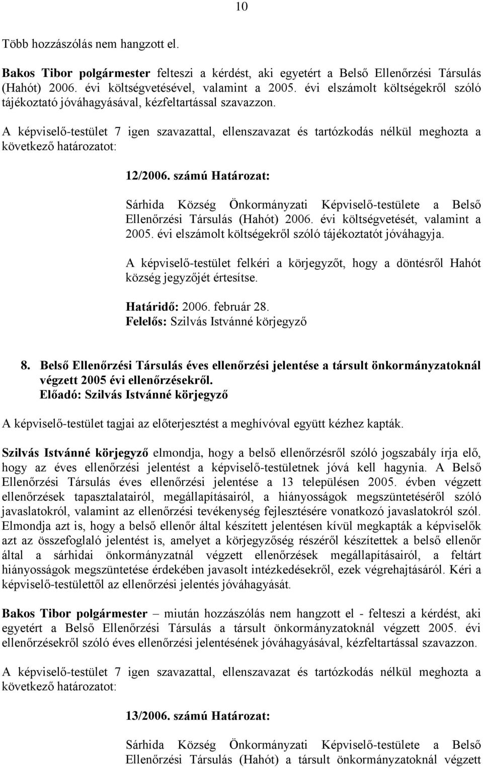 számú Határozat: Sárhida Község Önkormányzati Képviselő-testülete a Belső Ellenőrzési Társulás (Hahót) 2006. évi költségvetését, valamint a 2005.