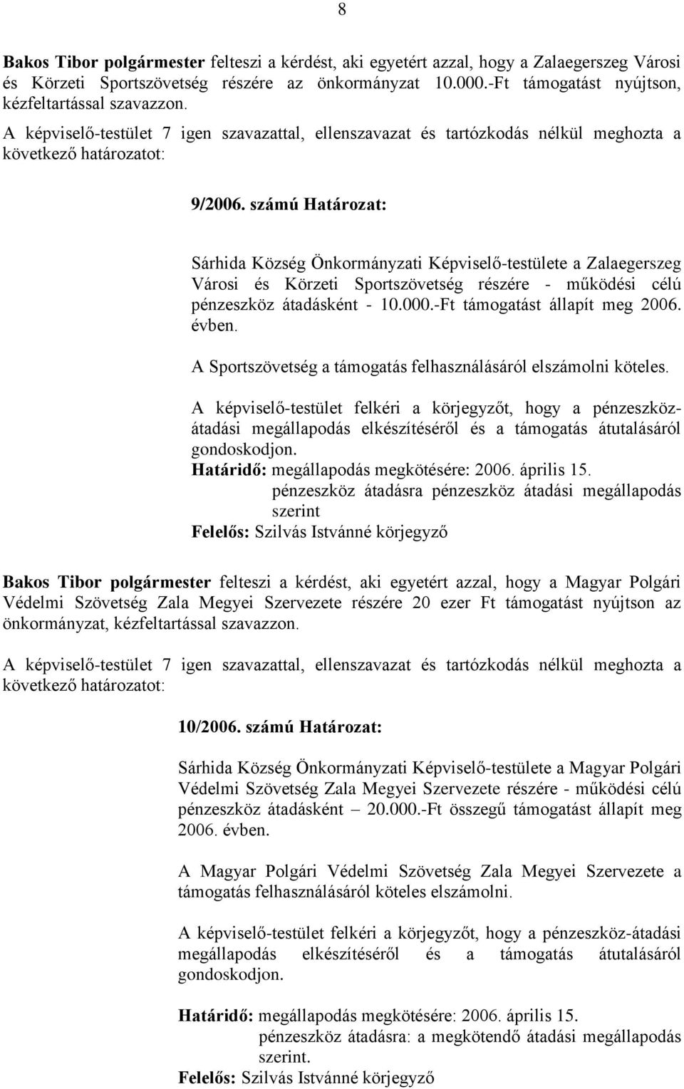 számú Határozat: Sárhida Község Önkormányzati Képviselő-testülete a Zalaegerszeg Városi és Körzeti Sportszövetség részére - működési célú pénzeszköz átadásként - 10.000.